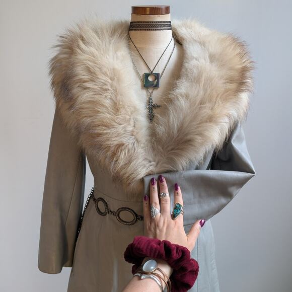 Vintage Leather Penny Lane Coat Grey Cream Fur Trim Trench Afghan Jacket Medium - Picture 4 of 12